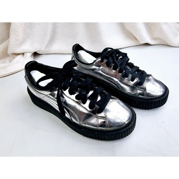 Puma Size 6 Womens Silver patent Leather Low Lace Platform Logo Fashion Sneakers - Picture 8 of 11